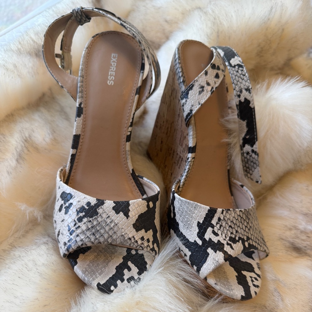 Express Monochrome Snake Print Cork Heel Wedge Sandals